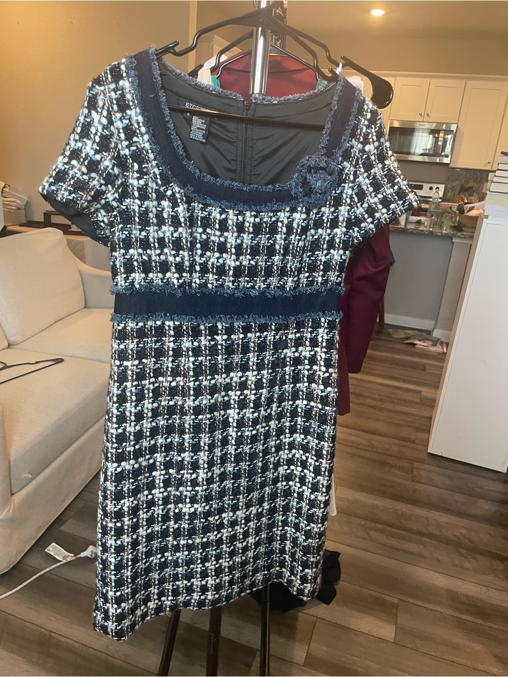 Etcetera Navy and White Tweed Sheath Dress with Floral Appliqué